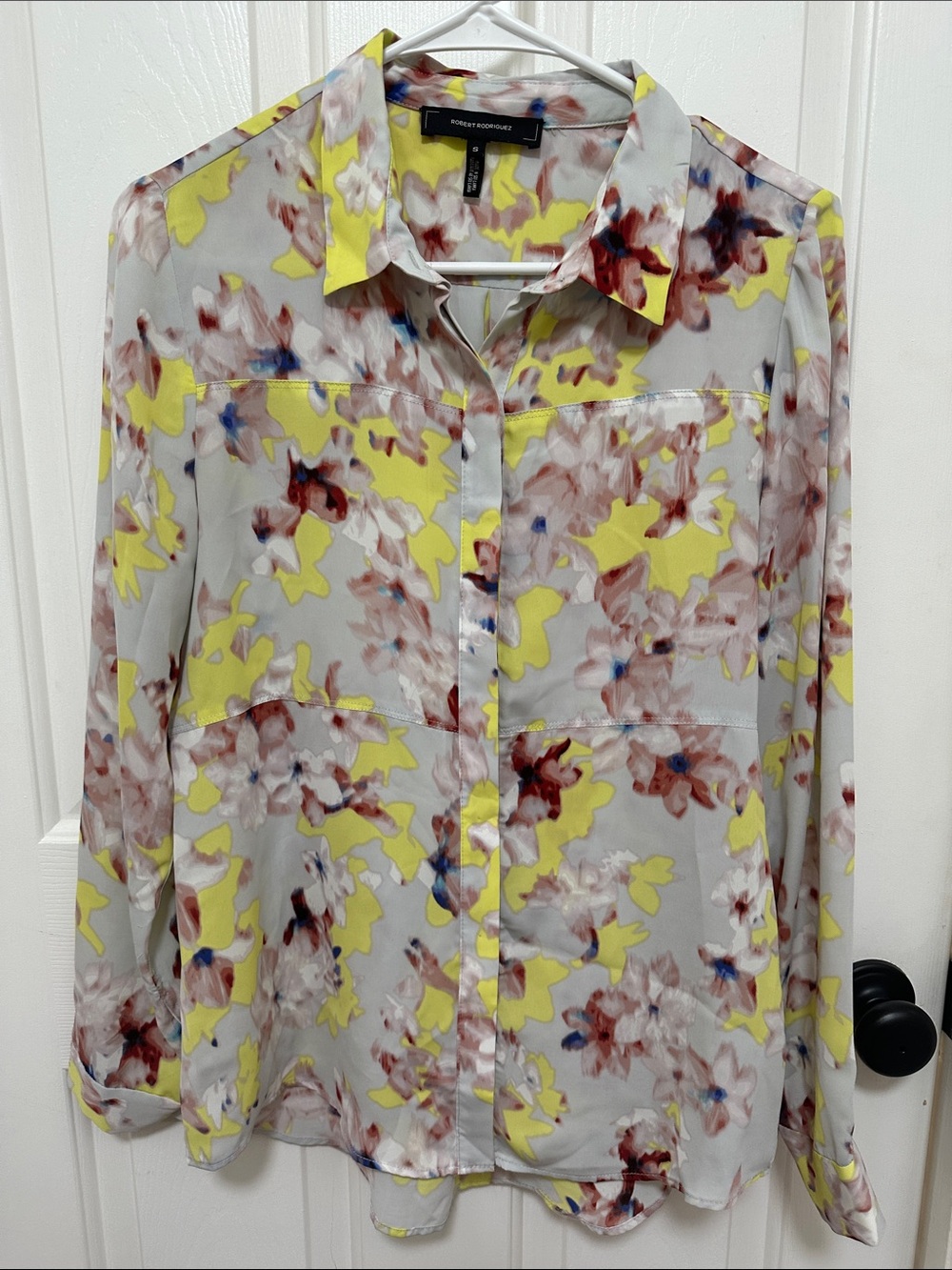 0213 Robert Rodriguez Yellow & Multi Floral Sheer Button-Up Shirt small